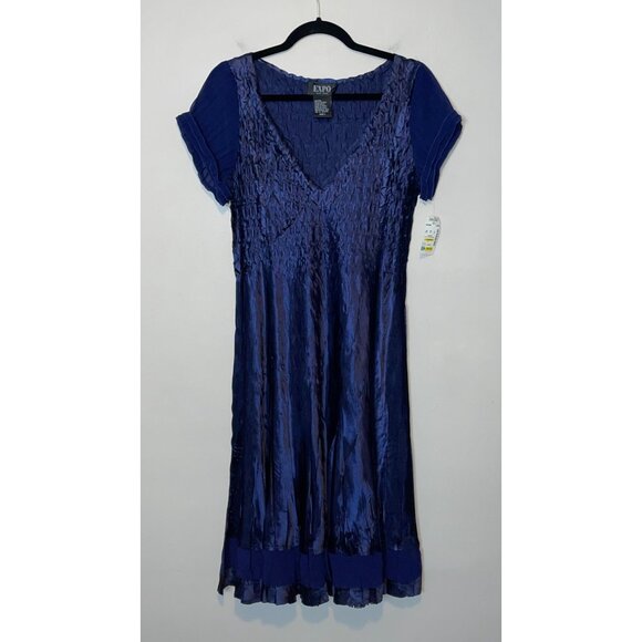 Expo New York Satin Mixed Media Crinkle Slip Dress in Sapphire Blue Size L - Picture 2 of 6
